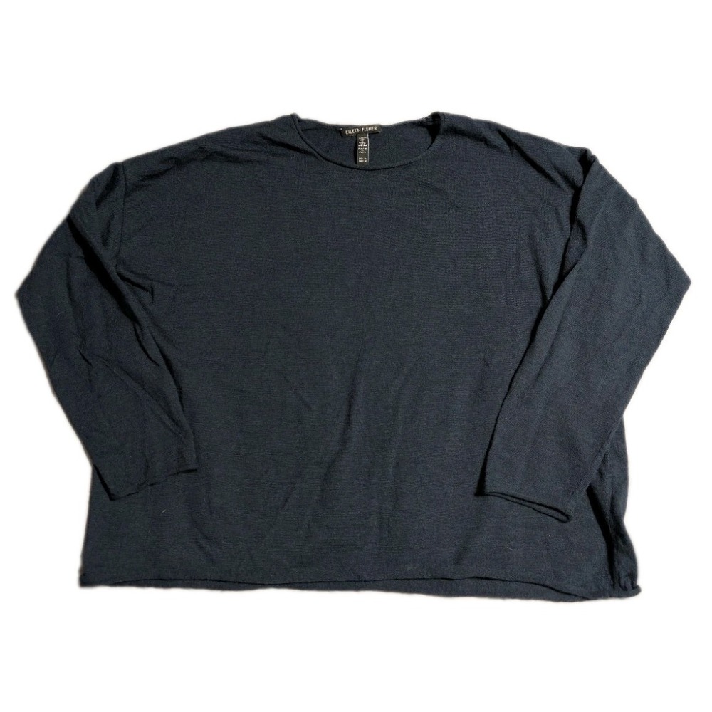 Eileen Fisher Sweater Womens M Navy Blue Extra Fine Merino Wool Crewneck